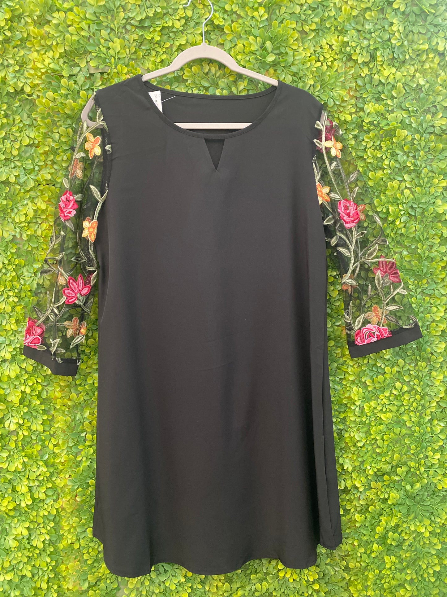 113/mesh floral midi dress black
