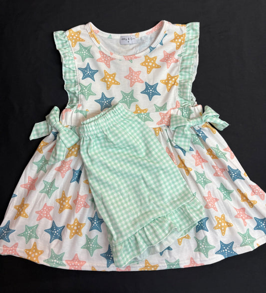 001/green  seashell ruffle short set