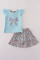 001/blue floral bow applique skorts set