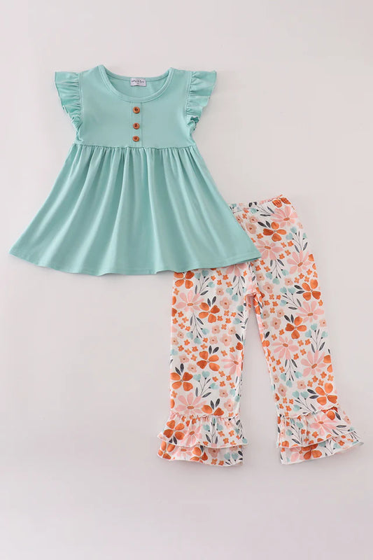 001/sage floral ruffle pant set